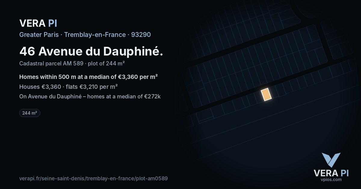 46 Avenue du Dauphiné, Tremblay-en-France at night – the plot lit, the parcels around coloured by the prices near them
