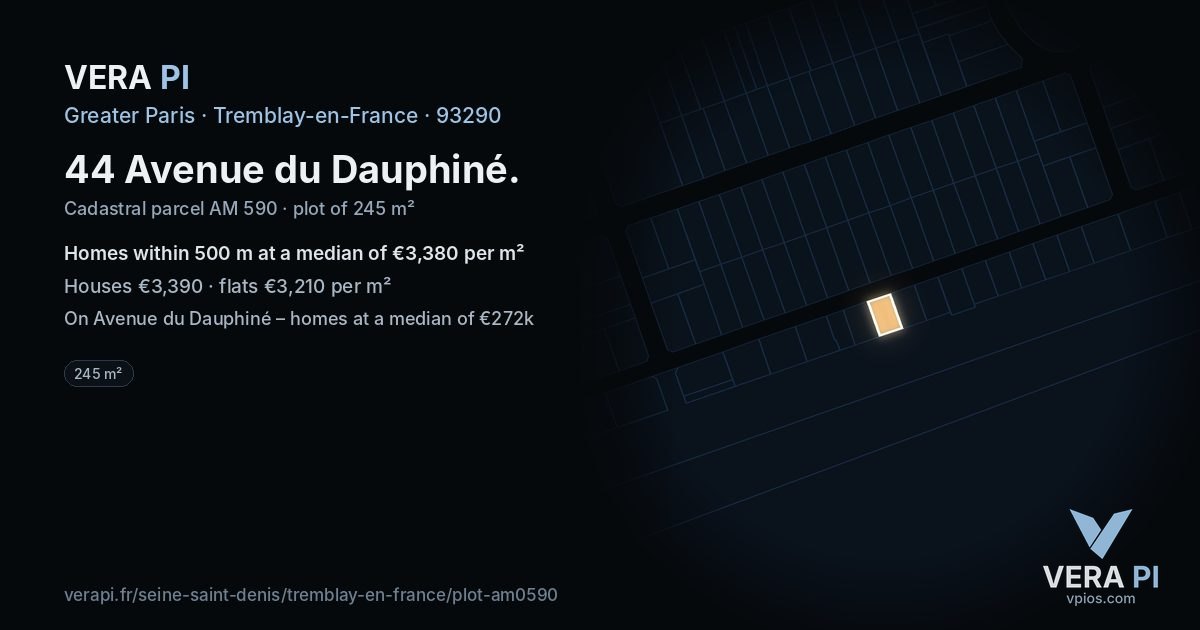 44 Avenue du Dauphiné, Tremblay-en-France at night – the plot lit, the parcels around coloured by the prices near them