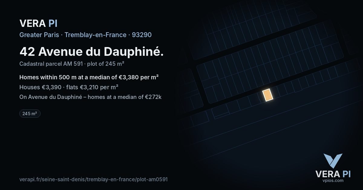 42 Avenue du Dauphiné, Tremblay-en-France at night – the plot lit, the parcels around coloured by the prices near them