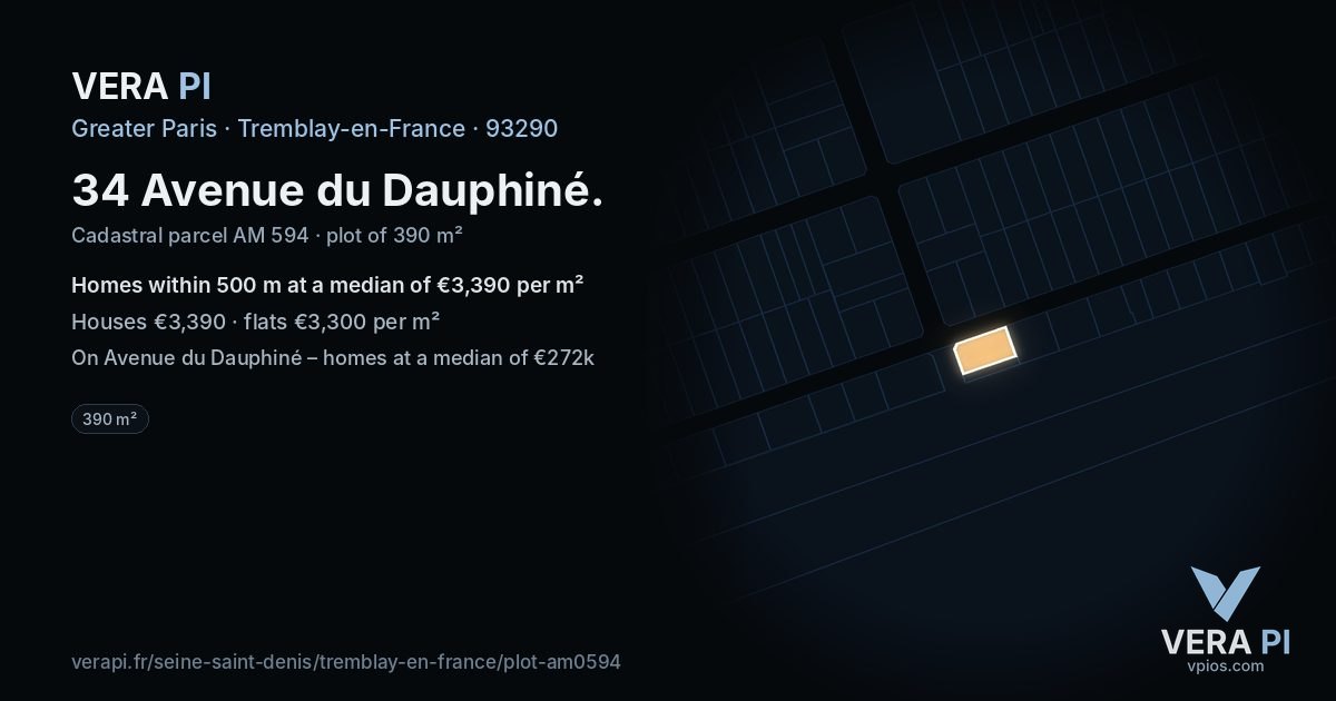 34 Avenue du Dauphiné, Tremblay-en-France at night – the plot lit, the parcels around coloured by the prices near them
