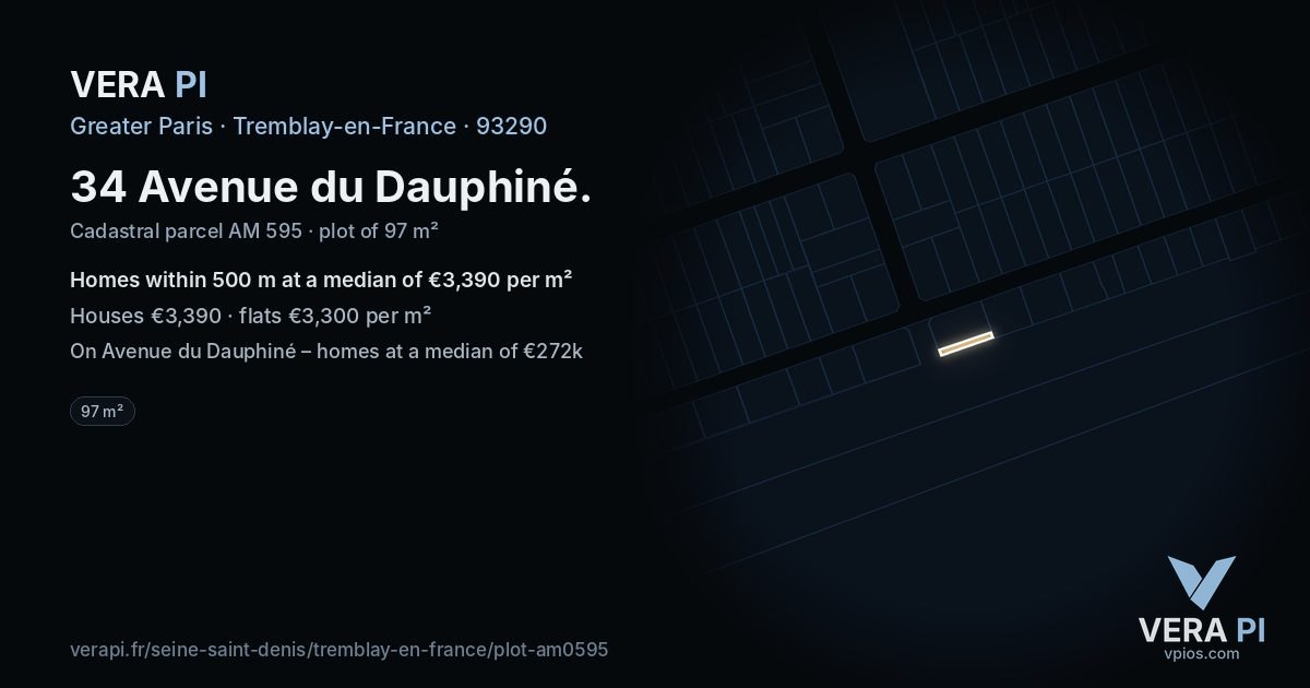 34 Avenue du Dauphiné, Tremblay-en-France at night – the plot lit, the parcels around coloured by the prices near them