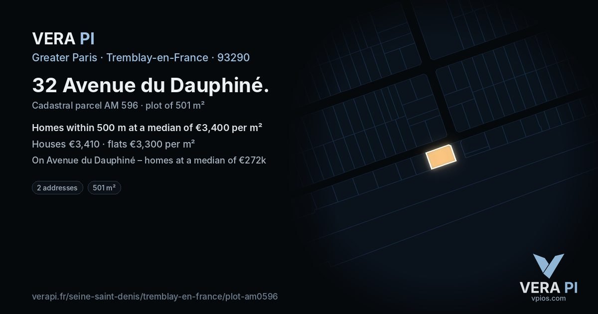 32 Avenue du Dauphiné, Tremblay-en-France at night – the plot lit, the parcels around coloured by the prices near them