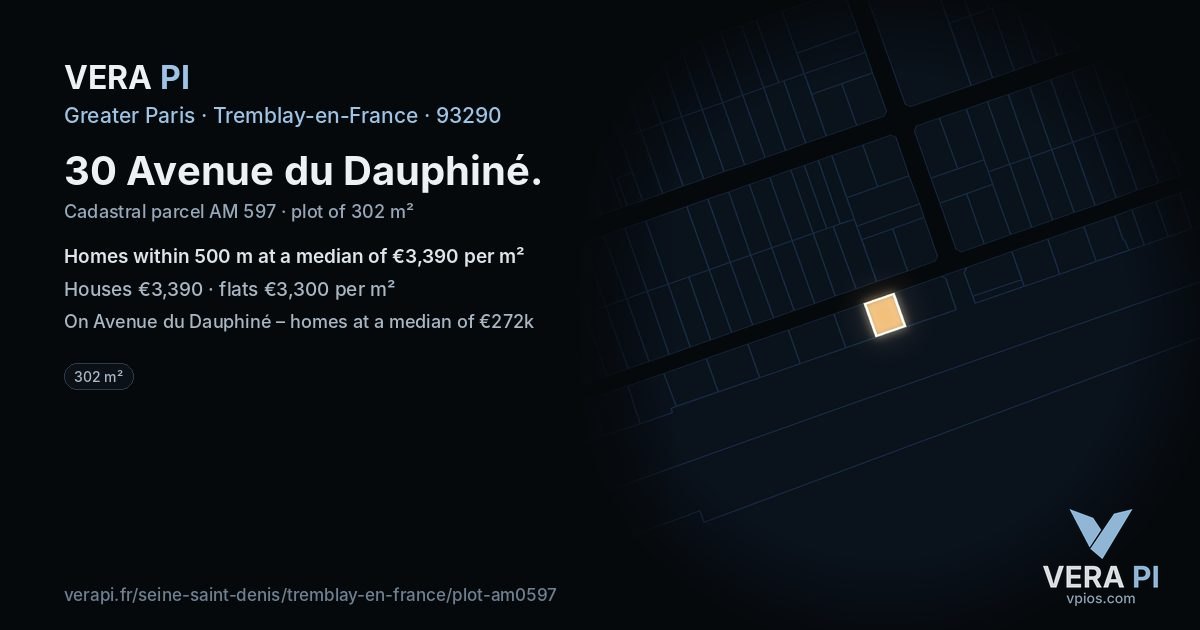 30 Avenue du Dauphiné, Tremblay-en-France at night – the plot lit, the parcels around coloured by the prices near them