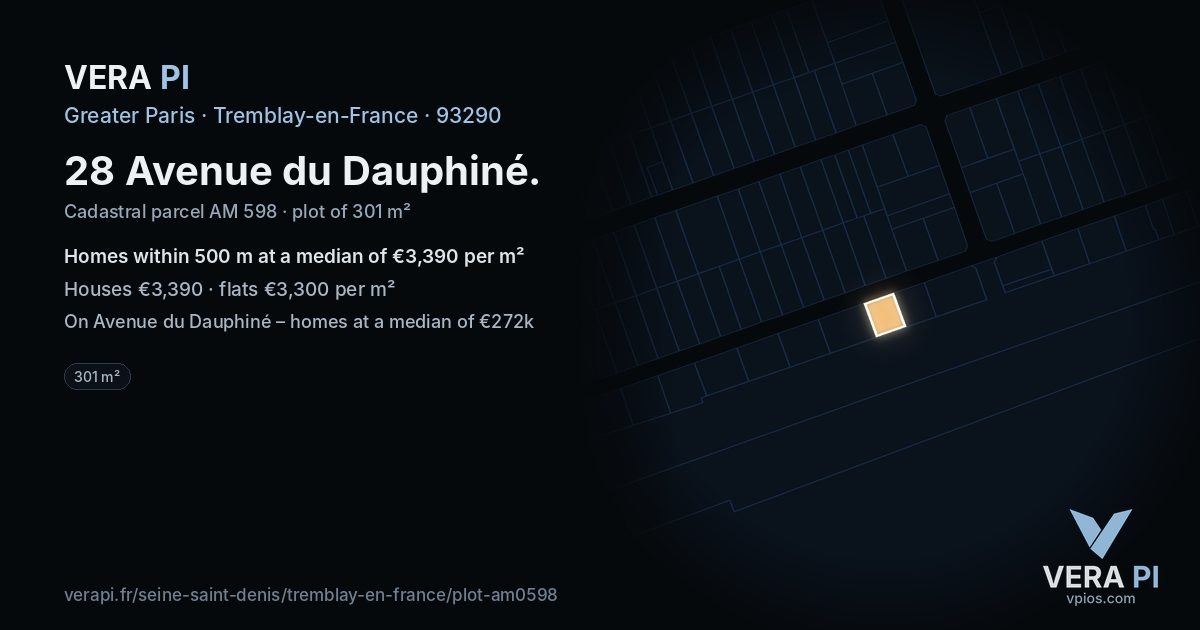 28 Avenue du Dauphiné, Tremblay-en-France at night – the plot lit, the parcels around coloured by the prices near them