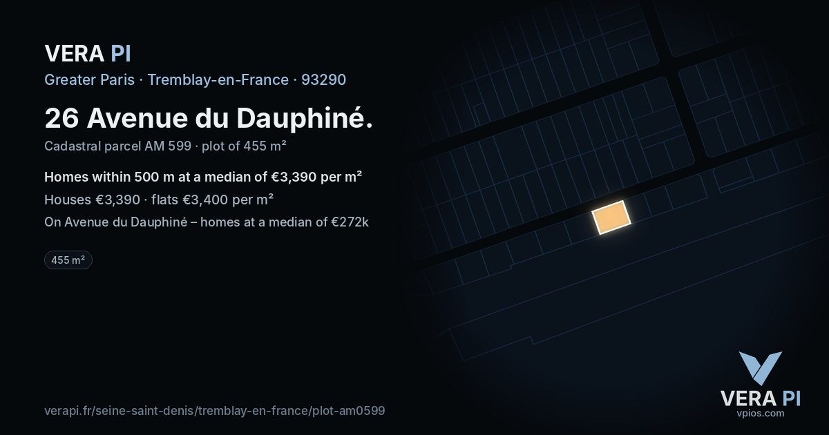 26 Avenue du Dauphiné, Tremblay-en-France at night – the plot lit, the parcels around coloured by the prices near them