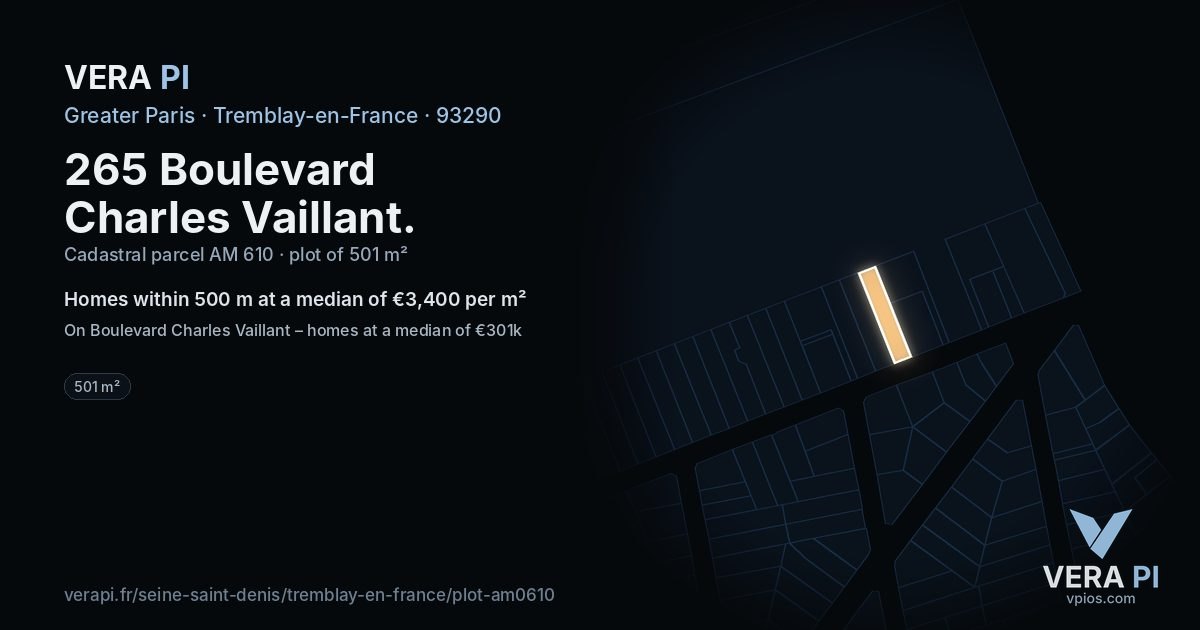 265 Boulevard Charles Vaillant, Tremblay-en-France at night – the plot lit, the parcels around coloured by the prices near them