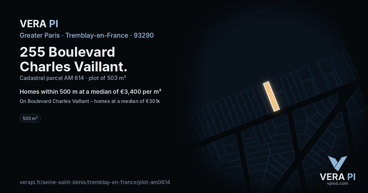 255 Boulevard Charles Vaillant, Tremblay-en-France at night – the plot lit, the parcels around coloured by the prices near them