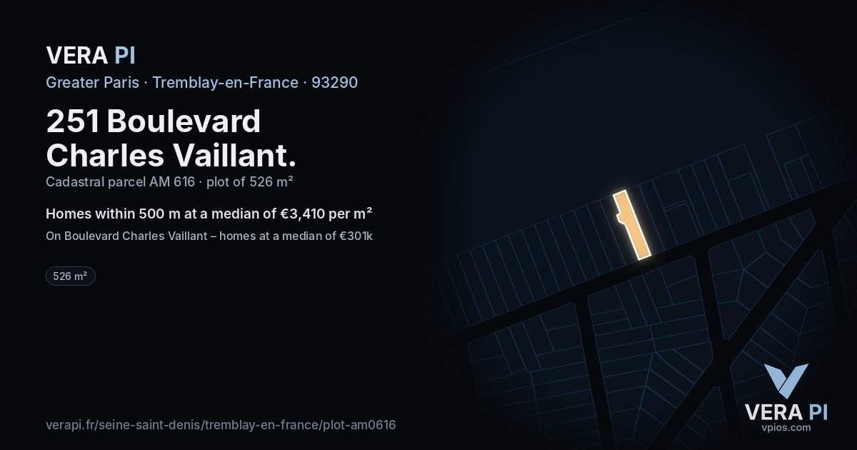 251 Boulevard Charles Vaillant, Tremblay-en-France at night – the plot lit, the parcels around coloured by the prices near them