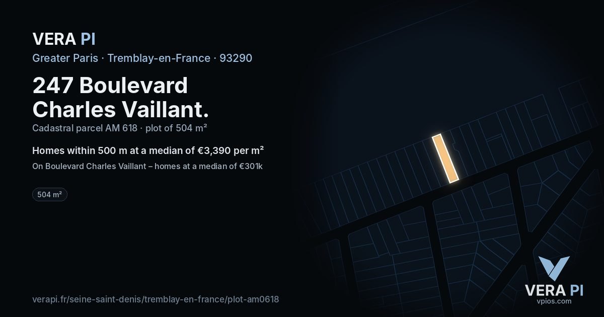 247 Boulevard Charles Vaillant, Tremblay-en-France at night – the plot lit, the parcels around coloured by the prices near them