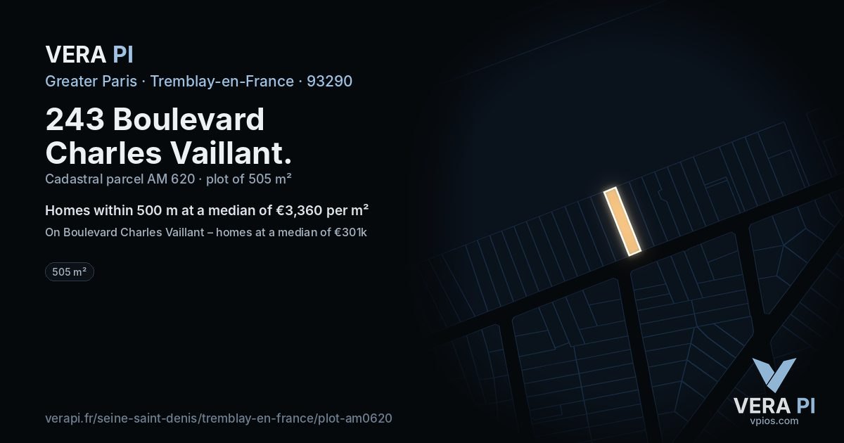 243 Boulevard Charles Vaillant, Tremblay-en-France at night – the plot lit, the parcels around coloured by the prices near them