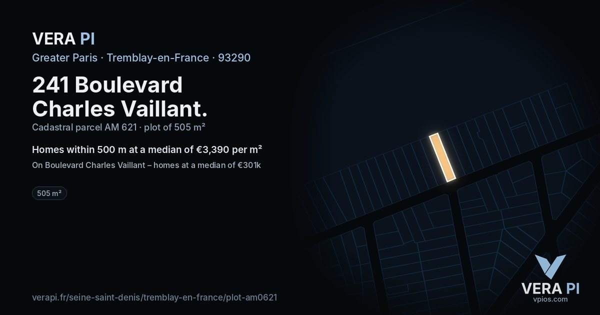 241 Boulevard Charles Vaillant, Tremblay-en-France at night – the plot lit, the parcels around coloured by the prices near them