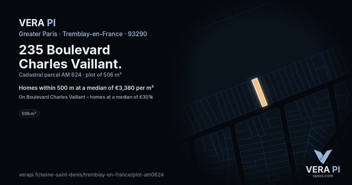 235 Boulevard Charles Vaillant, Tremblay-en-France at night – the plot lit, the parcels around coloured by the prices near them
