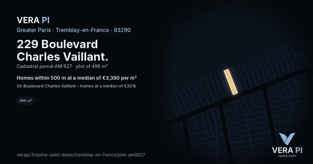 229 Boulevard Charles Vaillant, Tremblay-en-France at night – the plot lit, the parcels around coloured by the prices near them