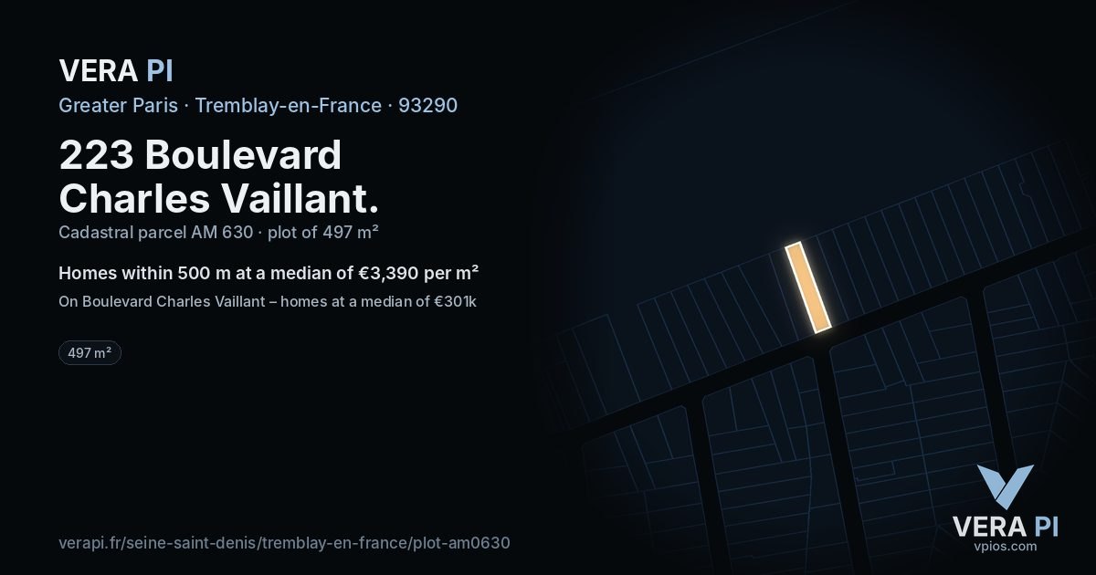 223 Boulevard Charles Vaillant, Tremblay-en-France at night – the plot lit, the parcels around coloured by the prices near them