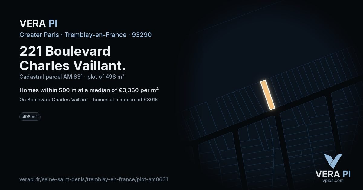 221 Boulevard Charles Vaillant, Tremblay-en-France at night – the plot lit, the parcels around coloured by the prices near them