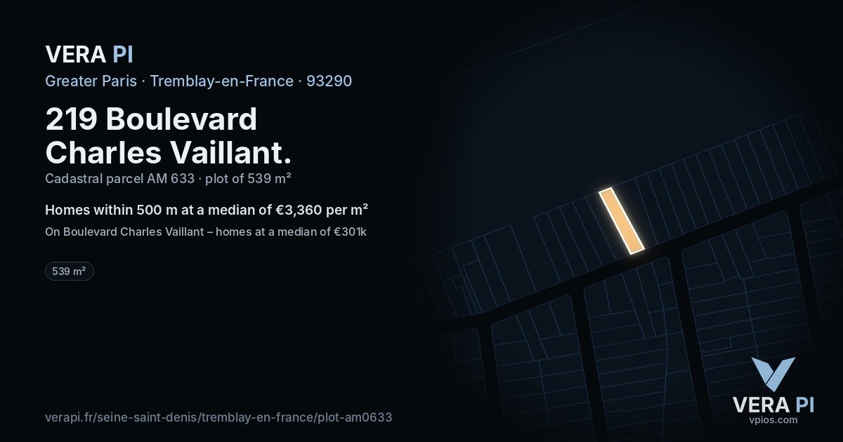 219 Boulevard Charles Vaillant, Tremblay-en-France at night – the plot lit, the parcels around coloured by the prices near them