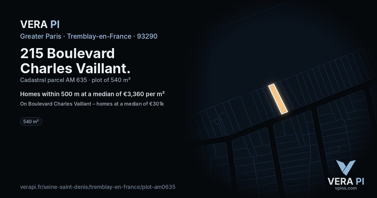 215 Boulevard Charles Vaillant, Tremblay-en-France at night – the plot lit, the parcels around coloured by the prices near them