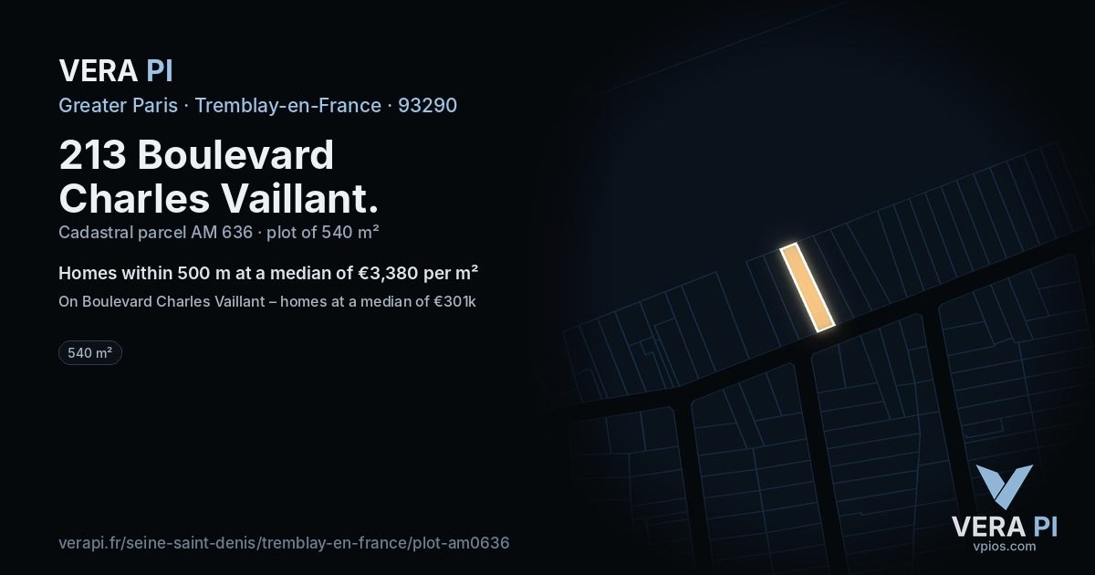 213 Boulevard Charles Vaillant, Tremblay-en-France at night – the plot lit, the parcels around coloured by the prices near them