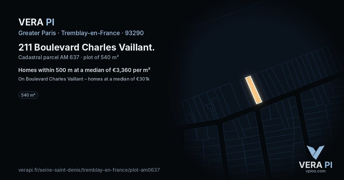 211 Boulevard Charles Vaillant, Tremblay-en-France at night – the plot lit, the parcels around coloured by the prices near them