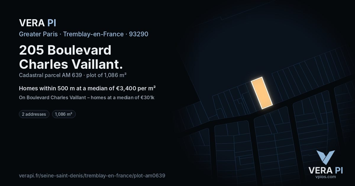 205 Boulevard Charles Vaillant, Tremblay-en-France at night – the plot lit, the parcels around coloured by the prices near them