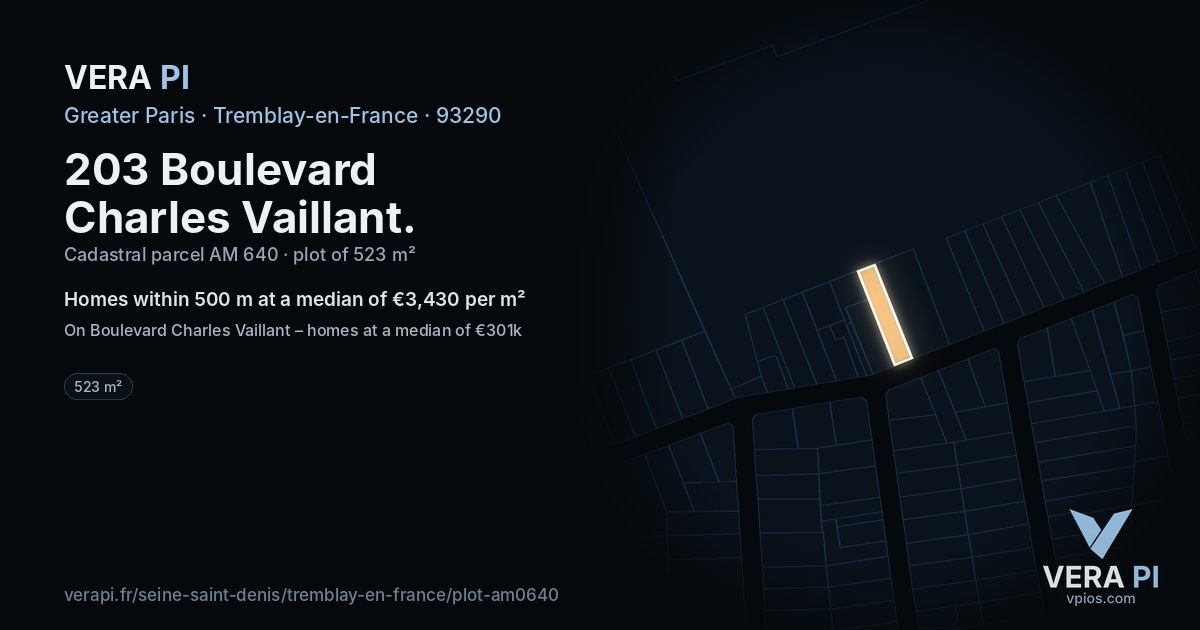 203 Boulevard Charles Vaillant, Tremblay-en-France at night – the plot lit, the parcels around coloured by the prices near them