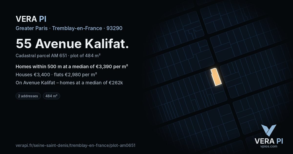 55 Avenue Kalifat, Tremblay-en-France at night – the plot lit, the parcels around coloured by the prices near them