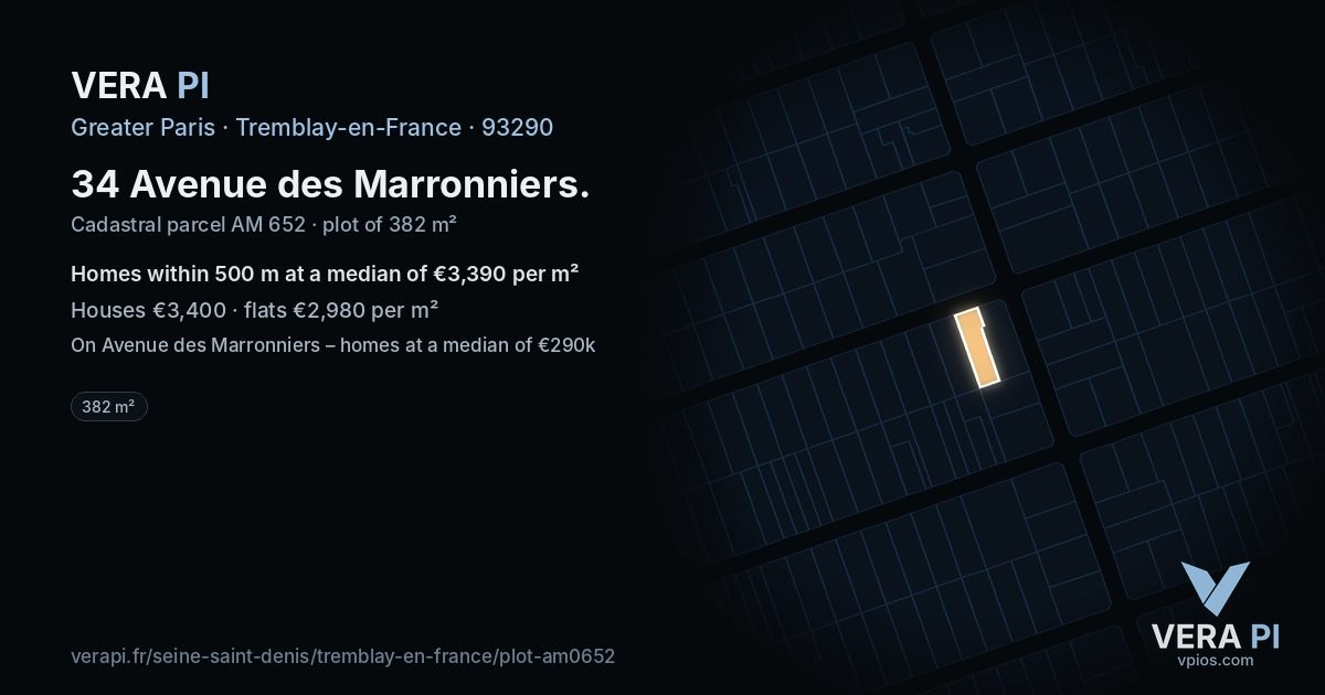 34 Avenue des Marronniers, Tremblay-en-France at night – the plot lit, the parcels around coloured by the prices near them
