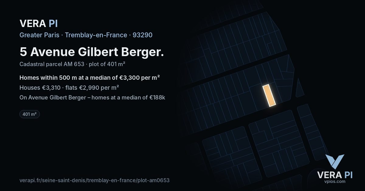 5 Avenue Gilbert Berger, Tremblay-en-France at night – the plot lit, the parcels around coloured by the prices near them