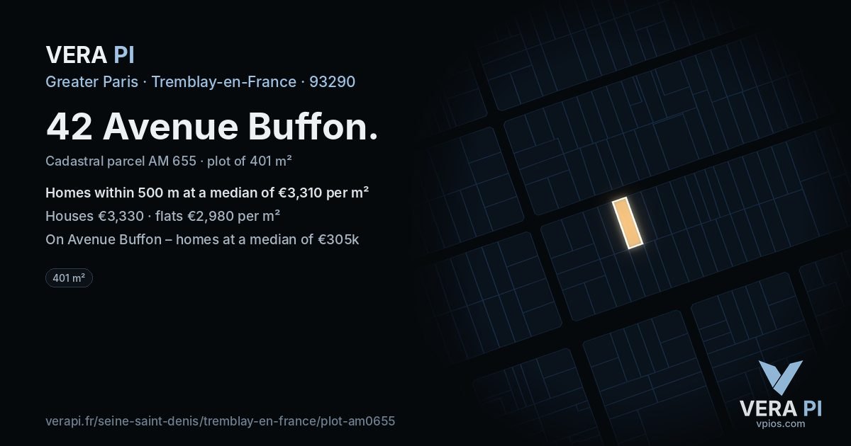 42 Avenue Buffon, Tremblay-en-France at night – the plot lit, the parcels around coloured by the prices near them