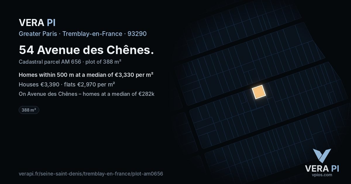 54 Avenue des Chênes, Tremblay-en-France at night – the plot lit, the parcels around coloured by the prices near them
