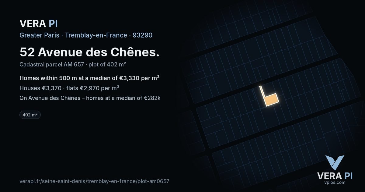 52 Avenue des Chênes, Tremblay-en-France at night – the plot lit, the parcels around coloured by the prices near them