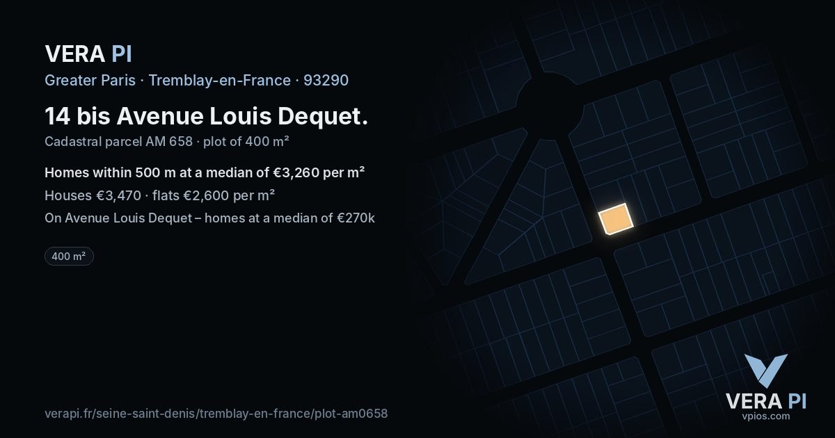 14 bis Avenue Louis Dequet, Tremblay-en-France at night – the plot lit, the parcels around coloured by the prices near them