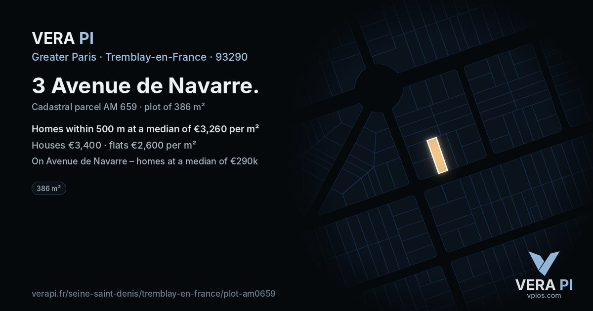 3 Avenue de Navarre, Tremblay-en-France at night – the plot lit, the parcels around coloured by the prices near them