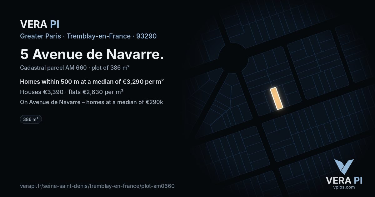 5 Avenue de Navarre, Tremblay-en-France at night – the plot lit, the parcels around coloured by the prices near them