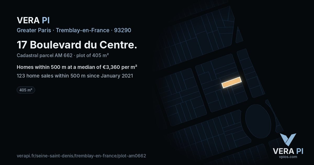 17 Boulevard du Centre, Tremblay-en-France at night – the plot lit, the parcels around coloured by the prices near them