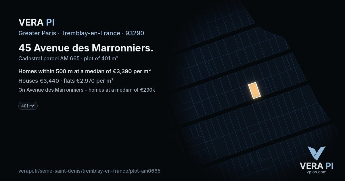 45 Avenue des Marronniers, Tremblay-en-France at night – the plot lit, the parcels around coloured by the prices near them