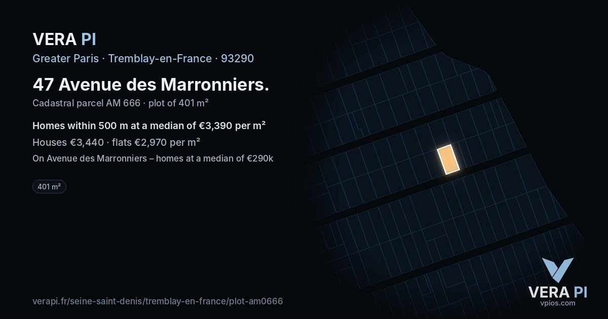 47 Avenue des Marronniers, Tremblay-en-France at night – the plot lit, the parcels around coloured by the prices near them