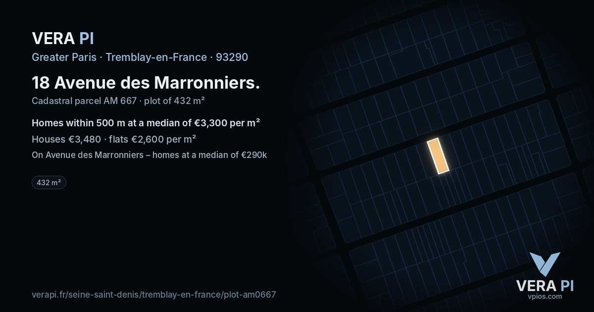 18 Avenue des Marronniers, Tremblay-en-France at night – the plot lit, the parcels around coloured by the prices near them