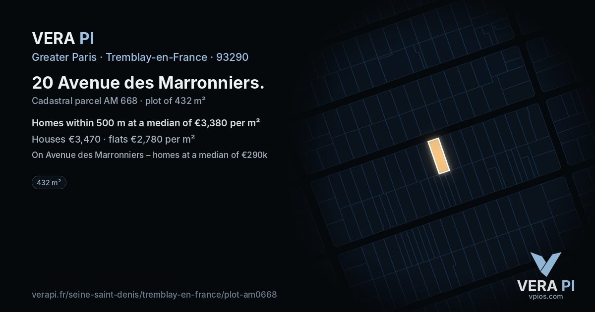 20 Avenue des Marronniers, Tremblay-en-France at night – the plot lit, the parcels around coloured by the prices near them