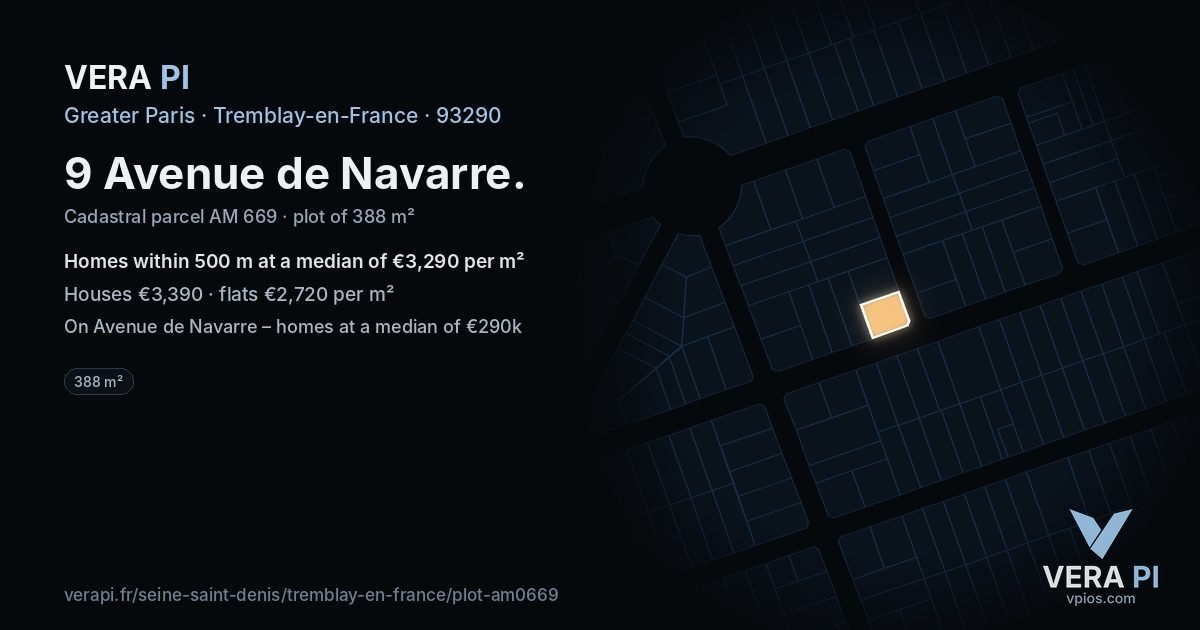 9 Avenue de Navarre, Tremblay-en-France at night – the plot lit, the parcels around coloured by the prices near them