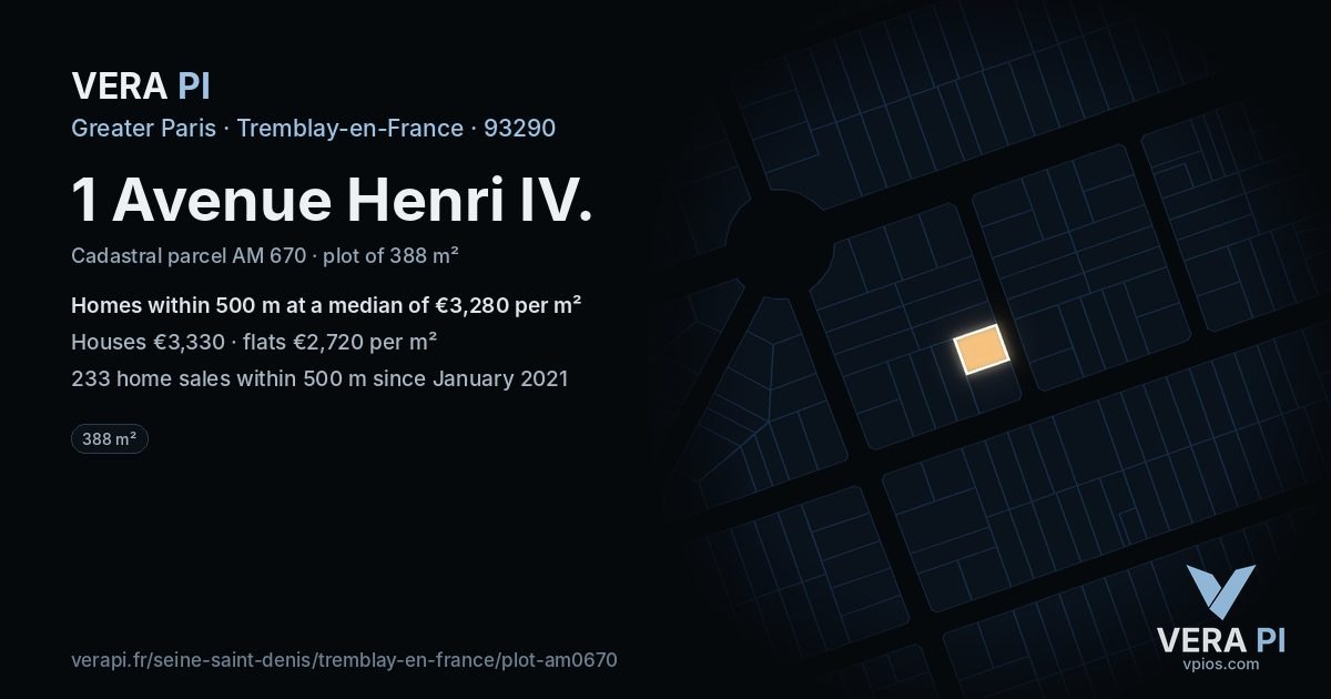 1 Avenue Henri IV, Tremblay-en-France at night – the plot lit, the parcels around coloured by the prices near them