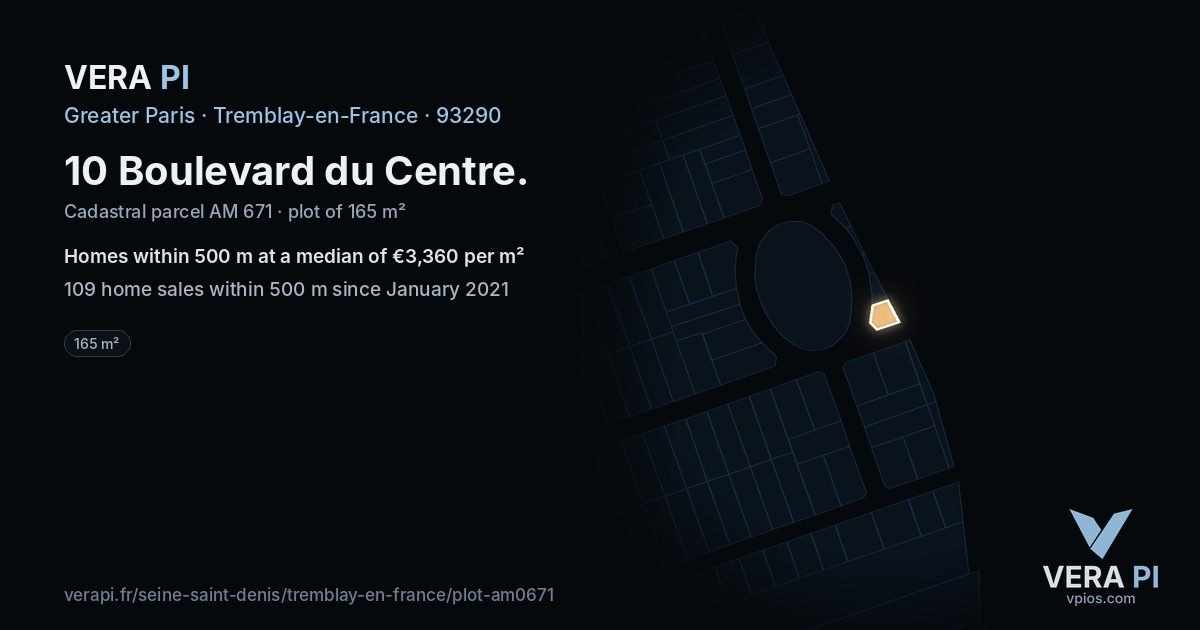 10 Boulevard du Centre, Tremblay-en-France at night – the plot lit, the parcels around coloured by the prices near them