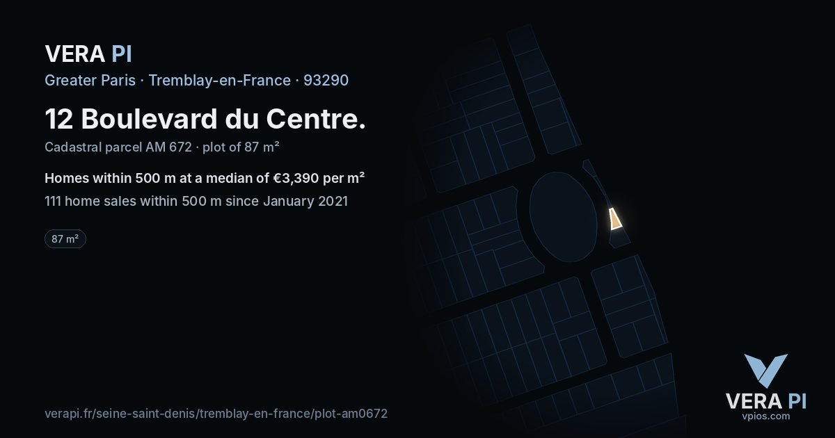 12 Boulevard du Centre, Tremblay-en-France at night – the plot lit, the parcels around coloured by the prices near them