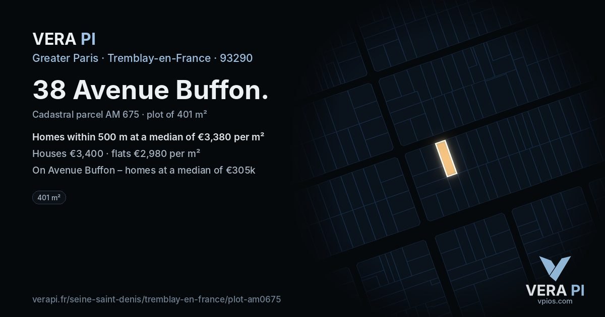 38 Avenue Buffon, Tremblay-en-France at night – the plot lit, the parcels around coloured by the prices near them