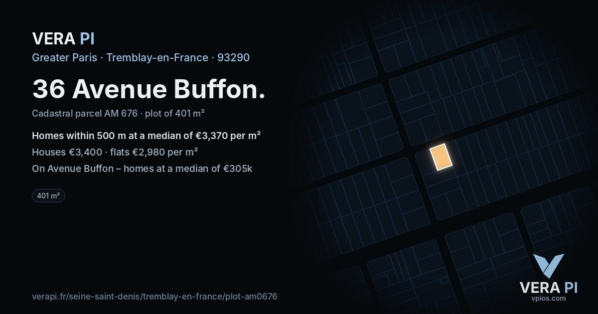 36 Avenue Buffon, Tremblay-en-France at night – the plot lit, the parcels around coloured by the prices near them