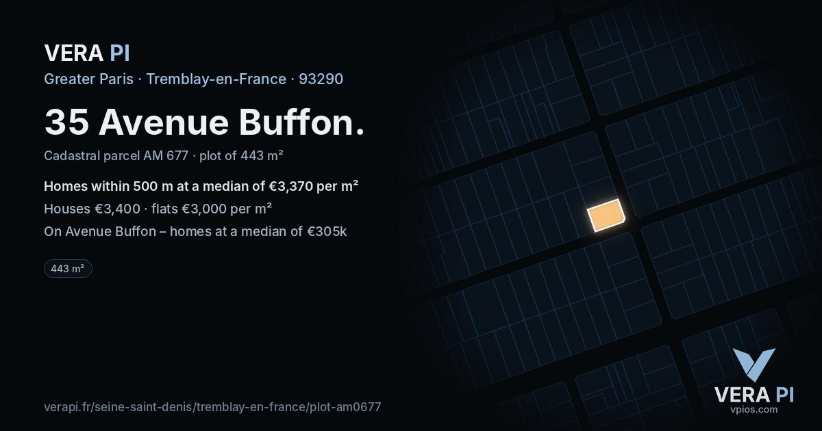 35 Avenue Buffon, Tremblay-en-France at night – the plot lit, the parcels around coloured by the prices near them