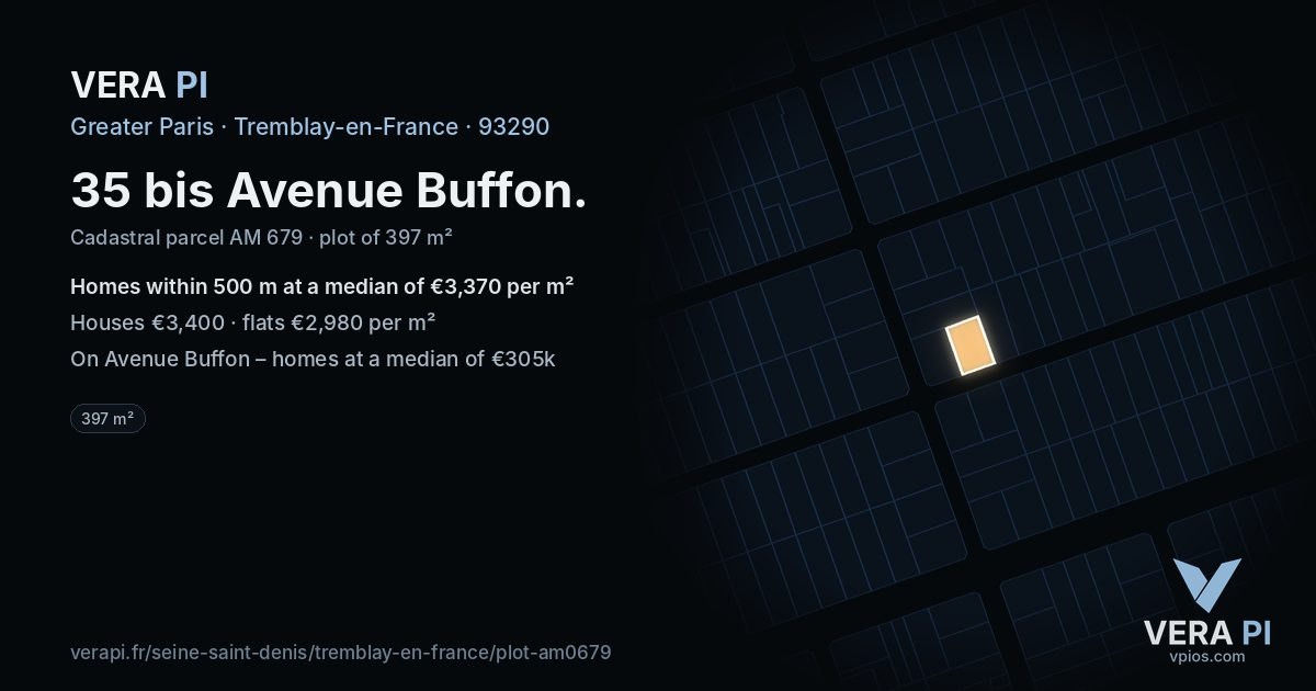 35 bis Avenue Buffon, Tremblay-en-France at night – the plot lit, the parcels around coloured by the prices near them