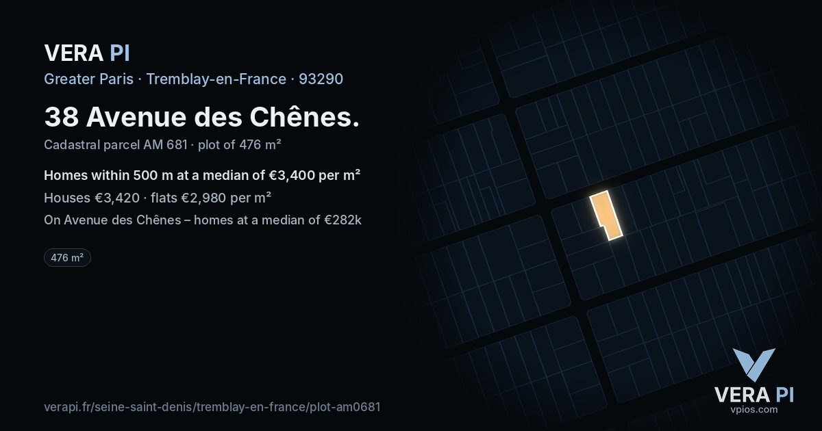 38 Avenue des Chênes, Tremblay-en-France at night – the plot lit, the parcels around coloured by the prices near them