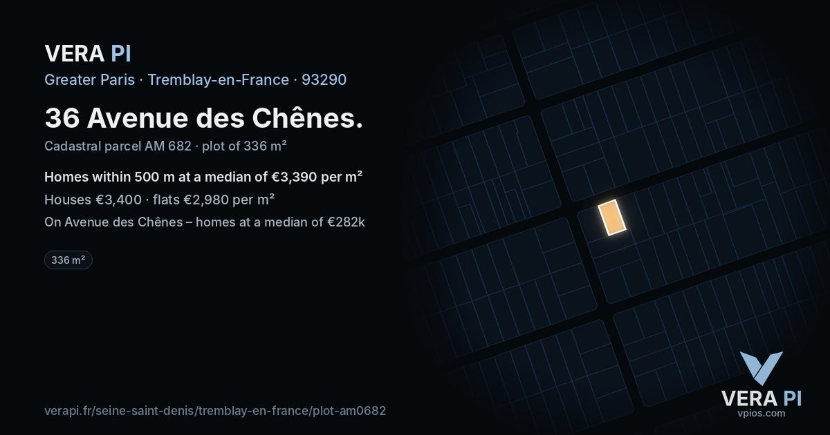 36 Avenue des Chênes, Tremblay-en-France at night – the plot lit, the parcels around coloured by the prices near them