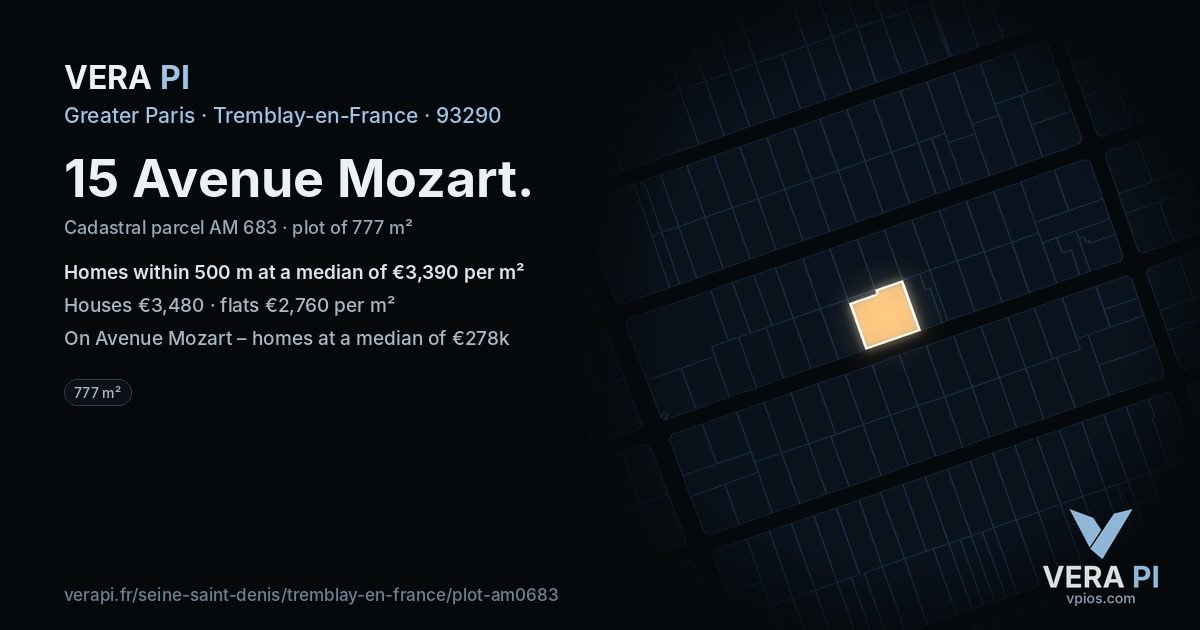 15 Avenue Mozart, Tremblay-en-France at night – the plot lit, the parcels around coloured by the prices near them